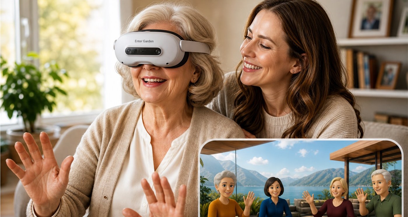 Older woman using a Garden VR headset while her adult daughter sits beside her