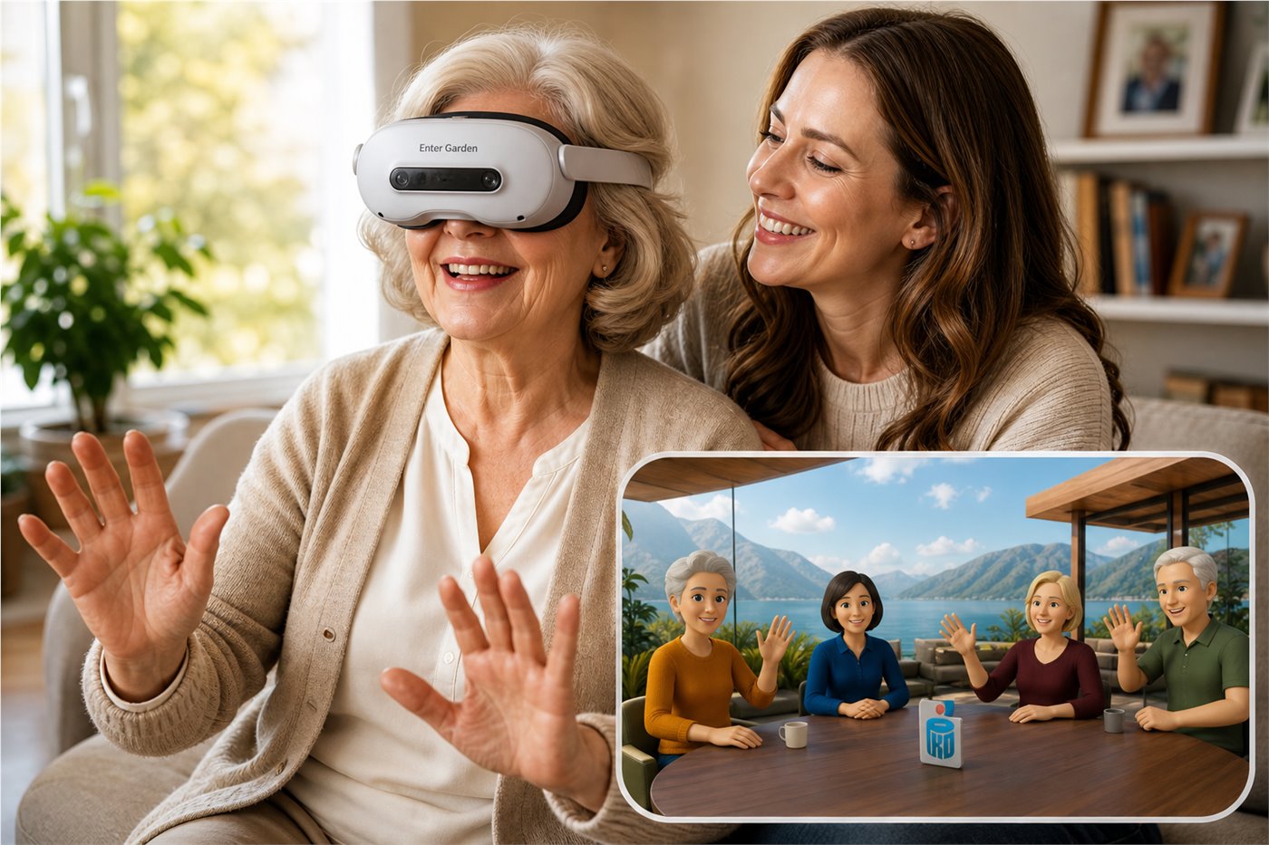 Older woman using a Garden VR headset while her adult daughter sits beside her